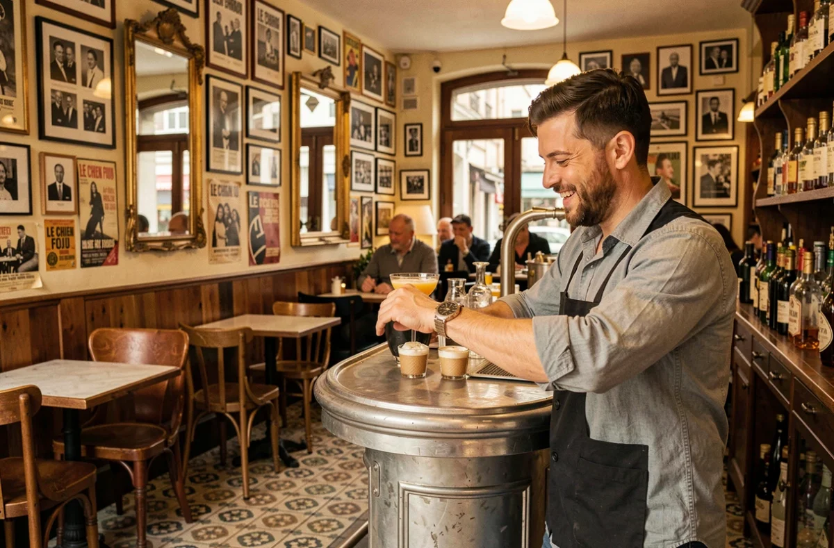 Intérieur animé du bistro Le Chien Fou avec comptoir en zinc, photos encadrées aux murs et barman préparant un cocktail dans une ambiance parisienne authentique