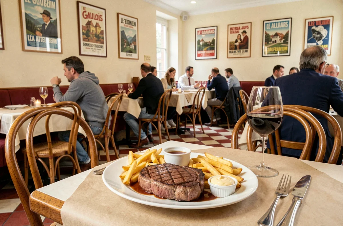 Steak frites avec sauce béarnaise et verre de Pinot Noir sur table de brasserie au restaurant Le Gaulois à Bartenheim, salle bistro animée en arrière-plan