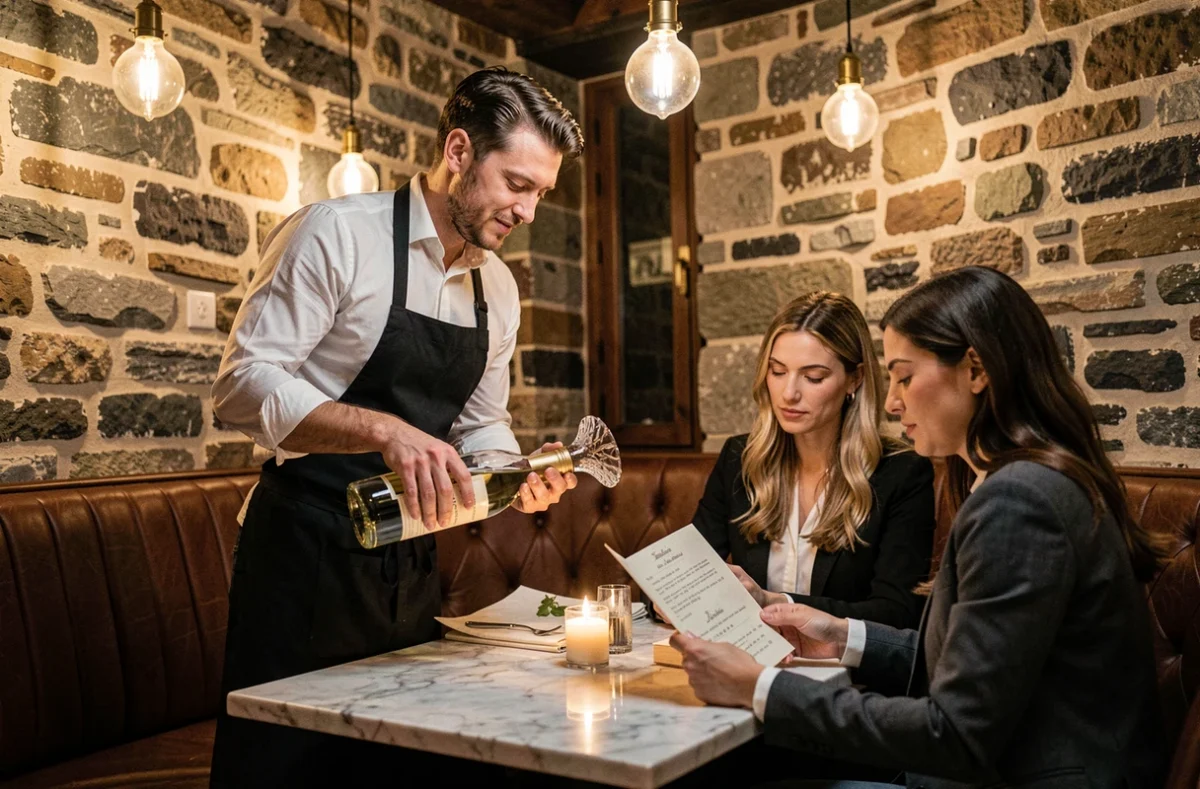 Sommelier décantant un Pinot Gris alsacien devant deux clientes à table dans l'ambiance bistro intimiste du Petit Tanneur à Colmar, murs en pierre apparente