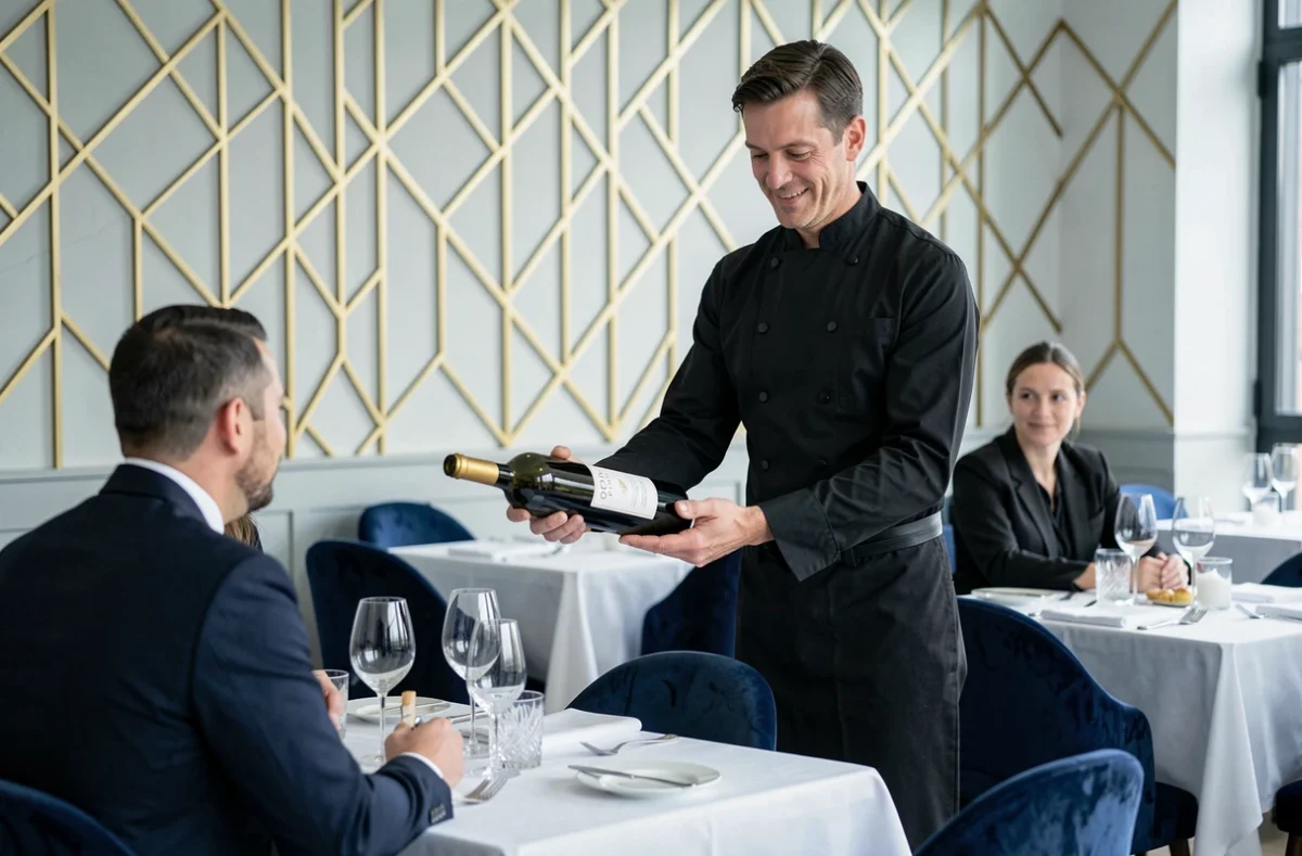 Salle gastronomique élégante de L'Or Q'idée avec décor en or géométrique, chaises en velours bleu marine et sommelier présentant une bouteille de vin