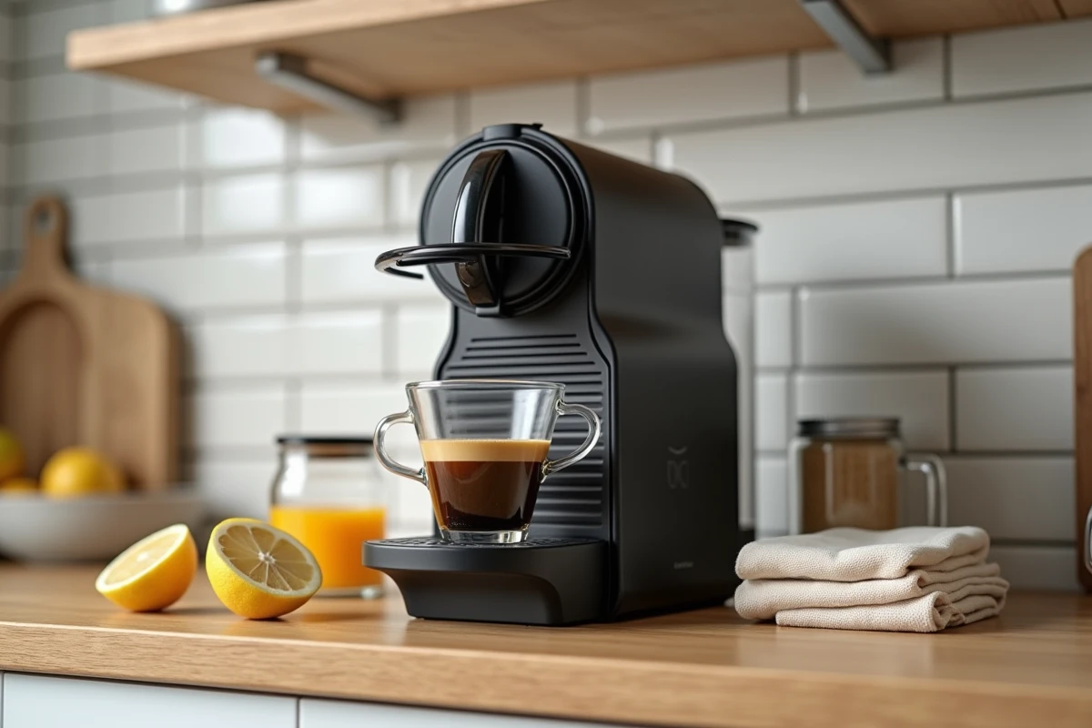 Machine Nespresso Magimix en cours de détartrage avec des ingrédients naturels écologiques comme le citron et l'acide citrique