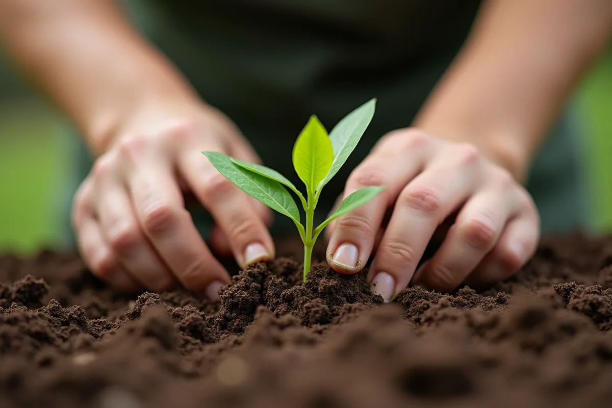 Mains de jardinier plantant jeunes plants dans la terre