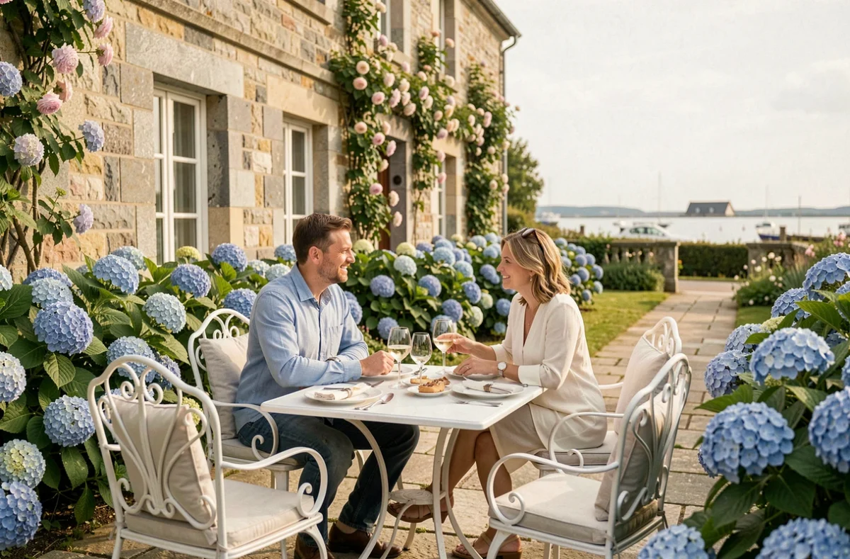 Terrasse élégante de la Maison de Léa à Binic-Étables-sur-Mer, mobilier en fer forgé blanc entouré d'hortensias bleus, couple dînant devant une demeure bretonne