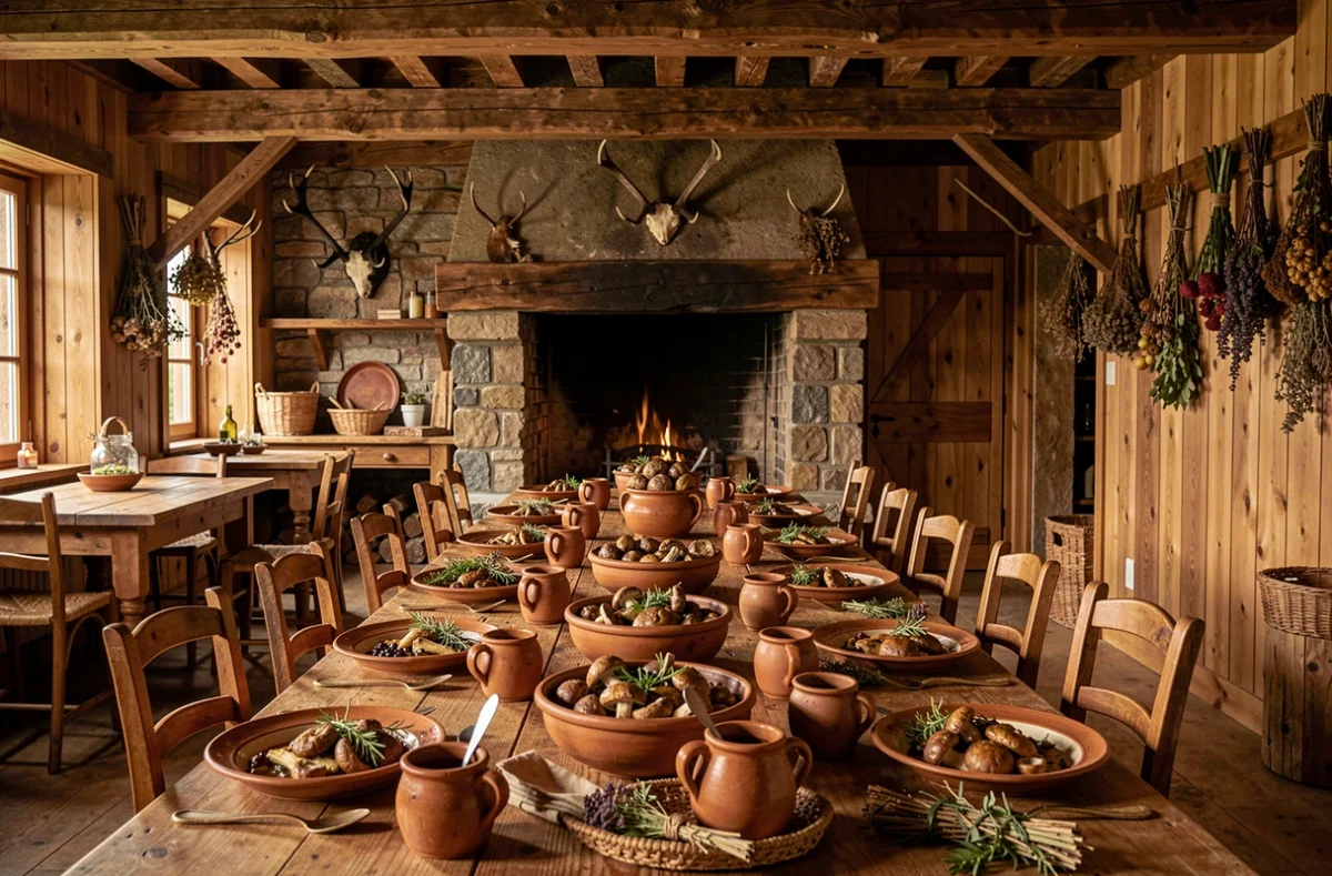 Intérieur rustique de La Maison des Bois avec poutres en bois, cheminée en pierre et grande table campagnarde dressée avec des plats forestiers