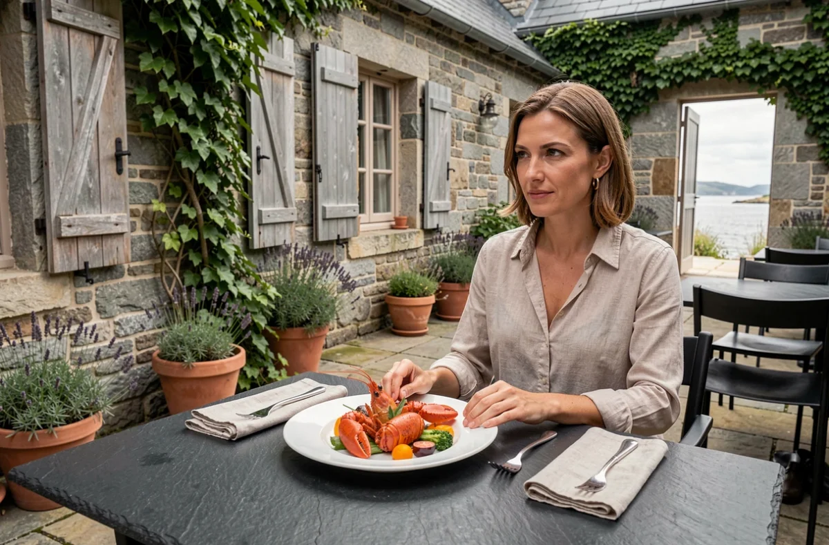 Terrasse de la Maison Legris à Plouguerneau, cour en granit avec lierre, femme dégustant un homard élaboré dans un cadre de corps de ferme breton converti