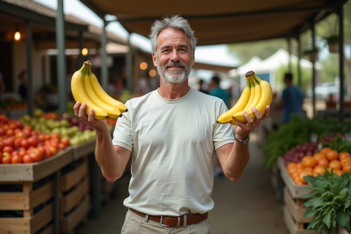 Homme au marché comparant bananes bio et classiques