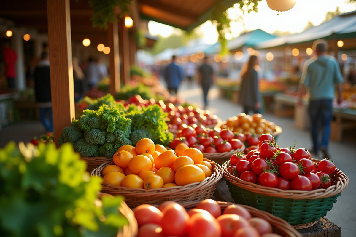 Marché fermier avec paniers de produits frais en plein air ensoleillé
