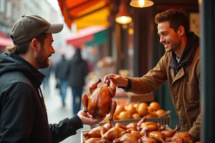 Vendeur de rue souriant donnant un poulet rôti à un client dans un marché français