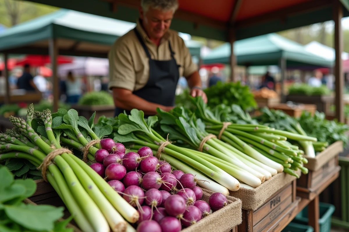 Étal de marché printanier avec des légumes de saison d'avril comme les asperges, radis et épinards frais
