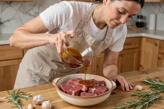 Femme versant une marinade express sur des lanières de bœuf cru dans un plat en céramique sur un plan de travail en bois