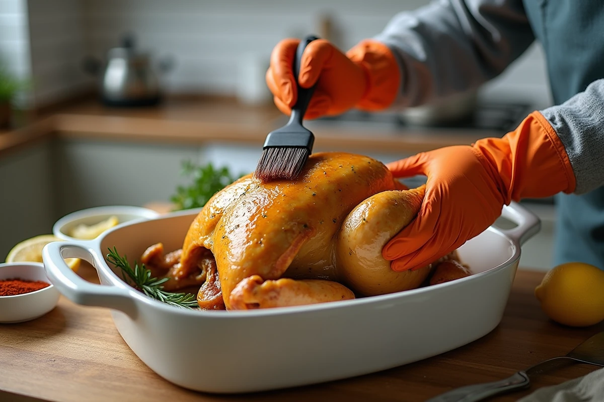 Mains en train de badigeonner une marinade aux herbes et au paprika sur un poulet cru dans un plat en céramique, entouré de bols d'épices et d'un citron coupé