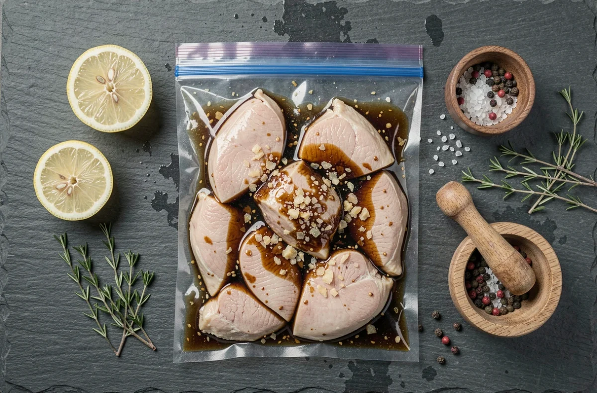 Flat lay de filets de poulet marinés dans un sac zip avec citron, gingembre et sauce soja sur ardoise rustique