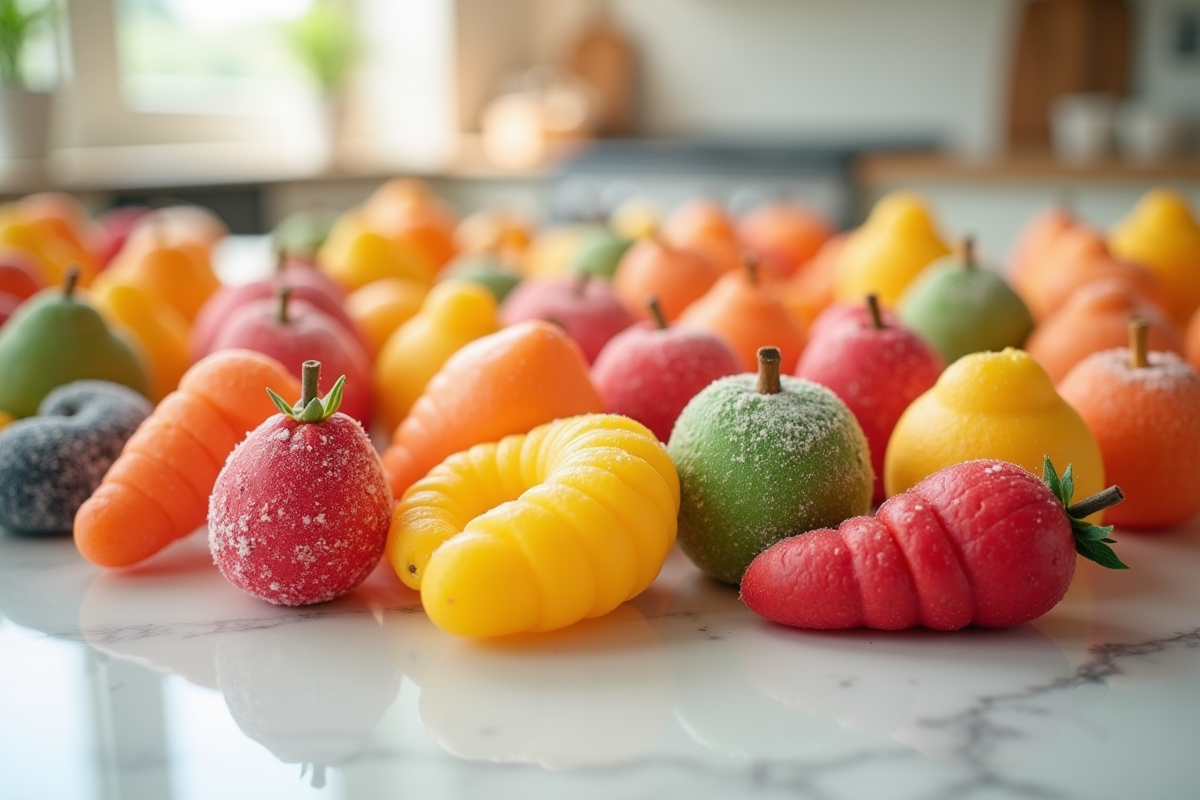 Fruits en marzipan colorés sur surface en marbre