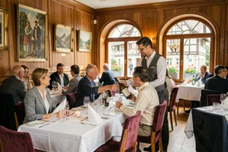 Vue panoramique d'une salle de restaurant alsacien élégant dans le Haut-Rhin avec nappes blanches, verrerie en cristal et décor régional en boiseries