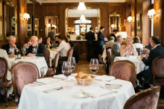 Scène de restaurant parisien typique avec tables dressées en lin blanc, verres à vin et ambiance brasserie élégante en Île-de-France