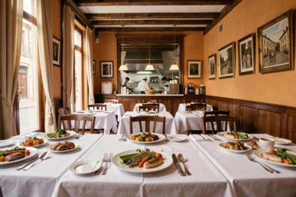 Table dressée dans un restaurant normand élégant avec des plats régionaux raffinés et un décor traditionnel en bois