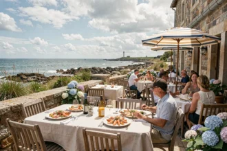 Terrasse de restaurant bretonne avec vue sur la mer, tables en bois, parasols rayés et clientèle dégustant des fruits de mer face à l'Atlantique