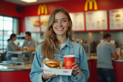 Jeune femme tenant un menu McDonald's complet avec burger, frites et boisson au comptoir d'un restaurant