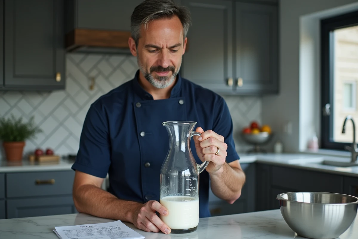 Homme mesurant des centilitres de lait dans un verre doseur gradué en tenant compte d'une table de conversion grammes-centilitres
