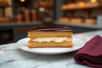 Mille-feuille avec glaçage au chocolat noir intense sur assiette en porcelaine blanche dans une pâtisserie parisienne