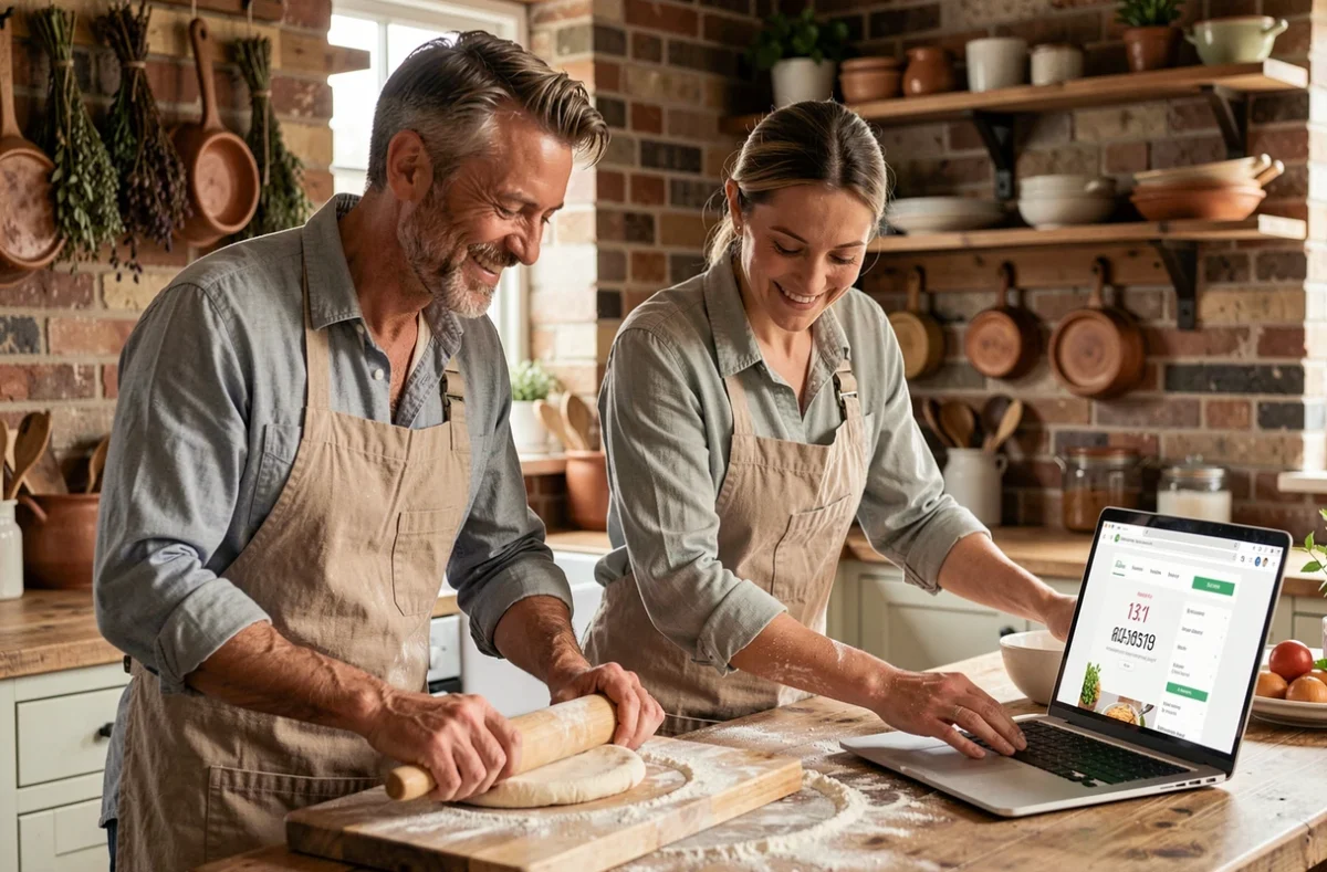 Couple utilisant un minuteur cuisson en ligne sur ordinateur portable pour cuisiner ensemble dans une cuisine rustique