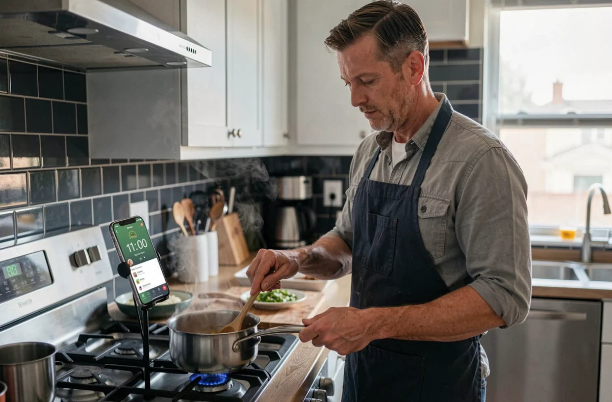 Homme en tablier consultant un minuteur cuisson en ligne sur smartphone lors de la préparation du dîner