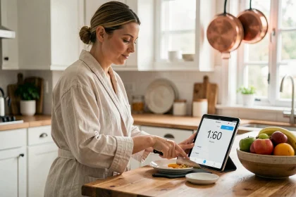 Femme utilisant un minuteur cuisson en ligne sur tablette pendant la préparation du petit-déjeuner dans une cuisine moderne