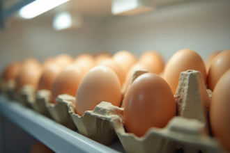 Oeufs frais dans un carton recyclé dans un réfrigérateur lumineux