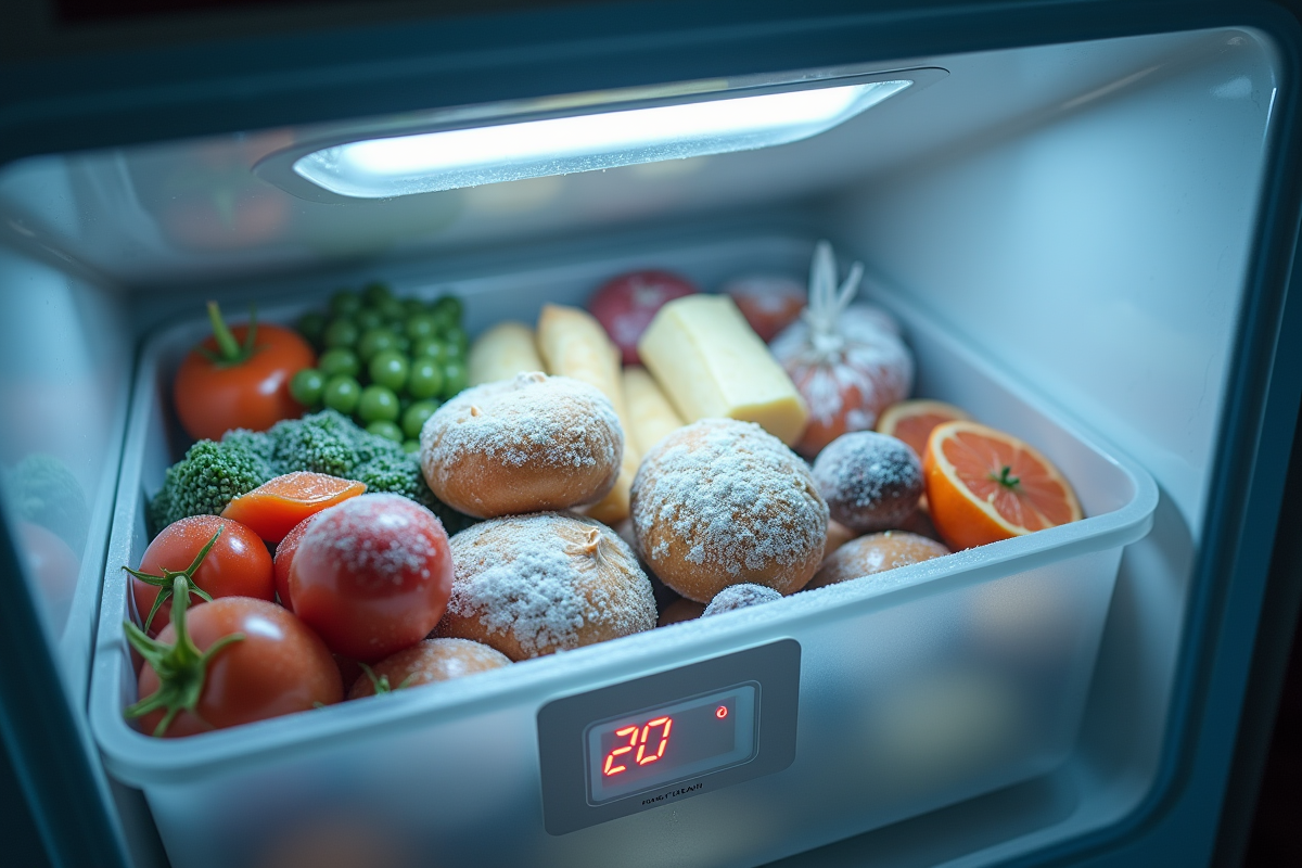 Aliments congelés organisés dans un congélateur avec affichage digital 20°C