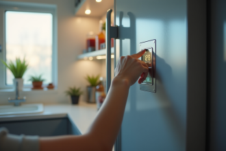 Personne ouvrant un congélateur moderne avec affichage digital 18°C