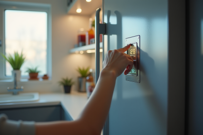 Personne ouvrant un congélateur moderne avec affichage digital 18°C