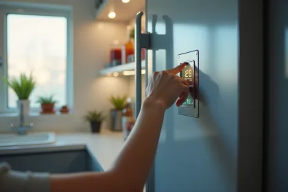 Personne ouvrant un congélateur moderne avec affichage digital 18°C
