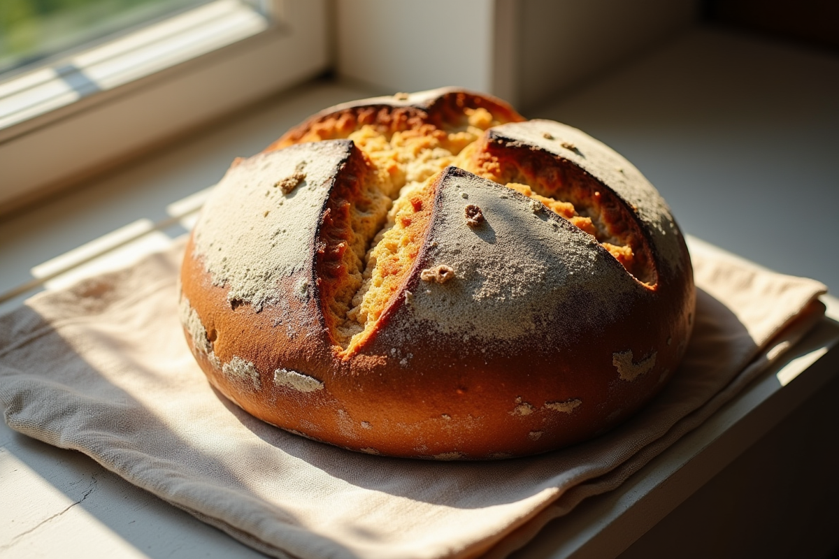 Pain de campagne entier sur un linge avec lumière naturelle
