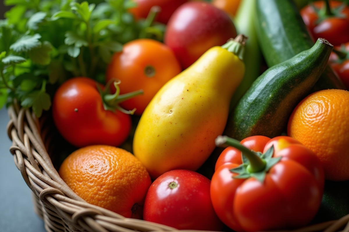 Panier vu de dessus rempli de fruits et légumes frais