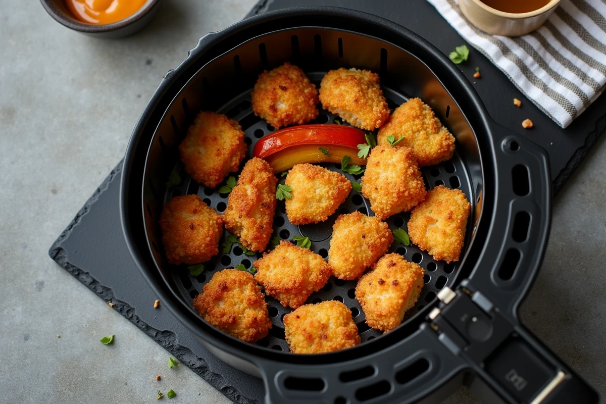 Panier de friteuse Ninja rempli de nuggets et légumes surgelés dorés et croustillants vus de dessus