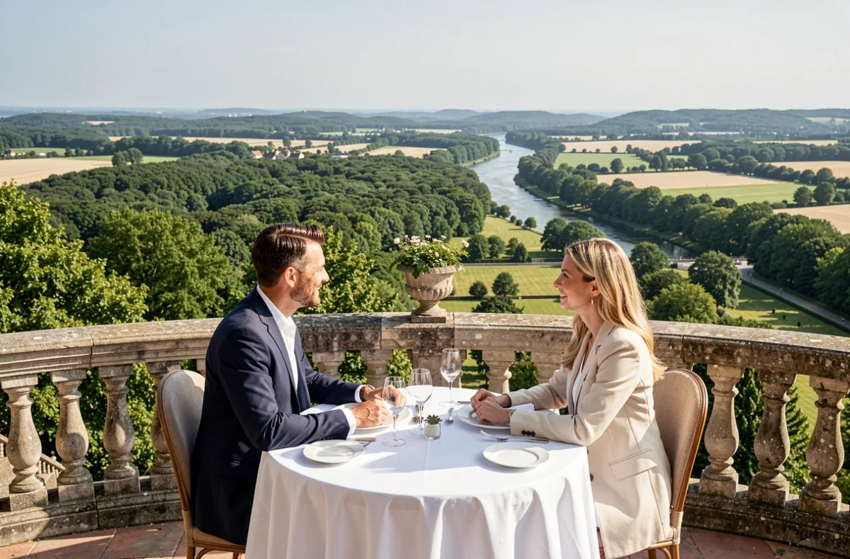 Terrasse panoramique du restaurant Le Panoramique au Domaine de la Corniche avec vue sur la vallée de la Seine et table gastronomique dressée