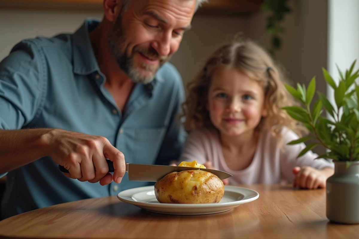 Père coupant une pomme de terre cuite avec sa fille à côté