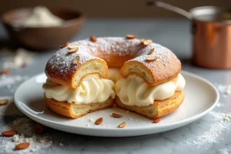 Paris-Brest coupé en deux révélant une crème mousseline praliné en rosaces sur marbre de pâtisserie