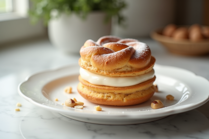 ParisBrest praliné sur assiette en marbre en lumière naturelle