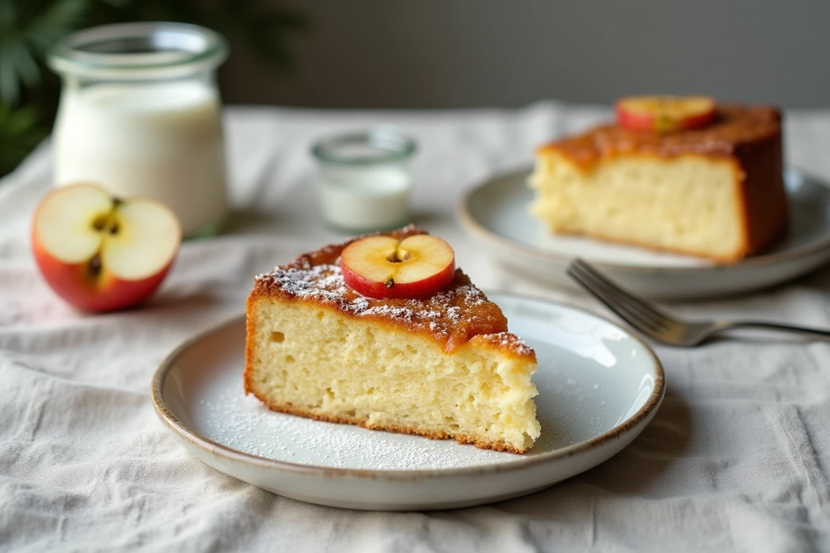 Assiette avec une part de gâteau au yaourt pomme version légère accompagnée d'un pot de yaourt nature et d'une pomme fraîche coupée sur une table en bois rustique