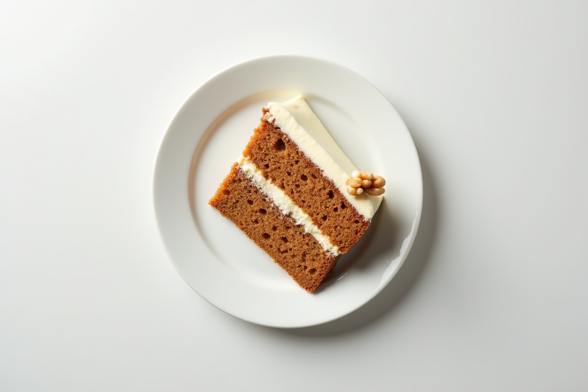 Tranche de gâteau aux carottes sur assiette blanche