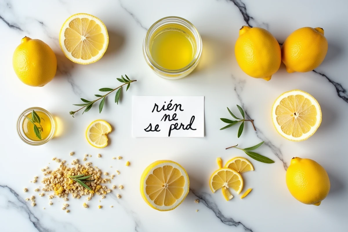 Mise en scène à plat de toutes les parties utilisables d'un citron sur marbre blanc, guide zéro gaspillage