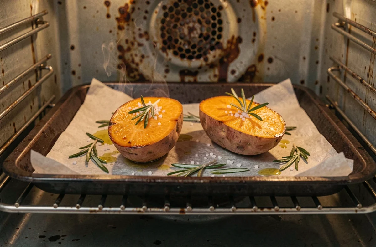 Patates douces coupées en deux et huilées sur une plaque de cuisson dans un four domestique avec du romarin et de la fleur de sel