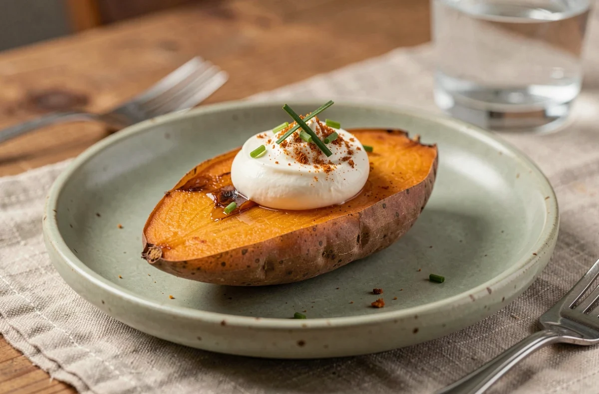 Patate douce rôtie au four servie sur une assiette en céramique avec crème fraîche, paprika fumé et ciboulette fraîche