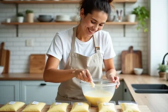 Femme versant de la pâte à crêpes dans des sacs de congélation étiquetés sur un plan de travail de cuisine moderne