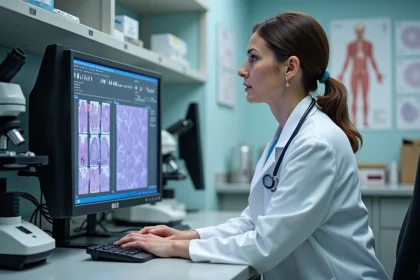 Pathologiste femme en blouse blanche examine des lames au microscope