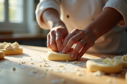 Mains d'un chef pâtissier pétrissant de la pâte d'amande