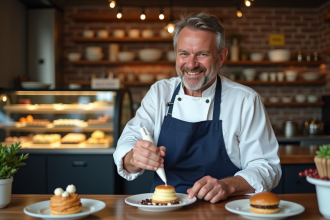 Chef pâtissier québécois en action dans une boulangerie moderne