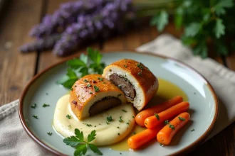 Assiette de paupiettes de veau avec purée de céleri-rave et carottes glacées sur une table en chêne rustique
