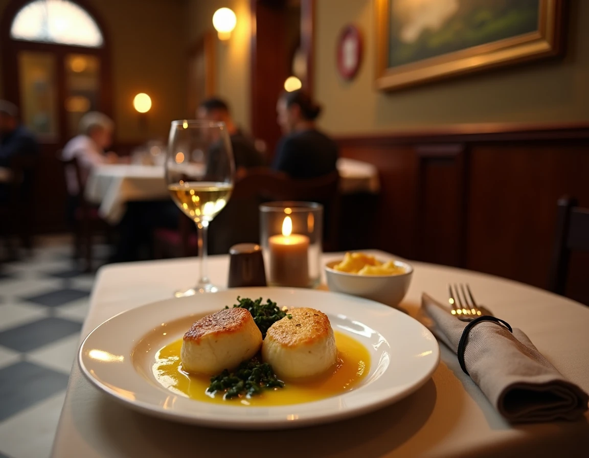 Table de bistrot français avec paupiettes de veau, gratin dauphinois et épinards braisés accompagnés d'un verre de vin blanc